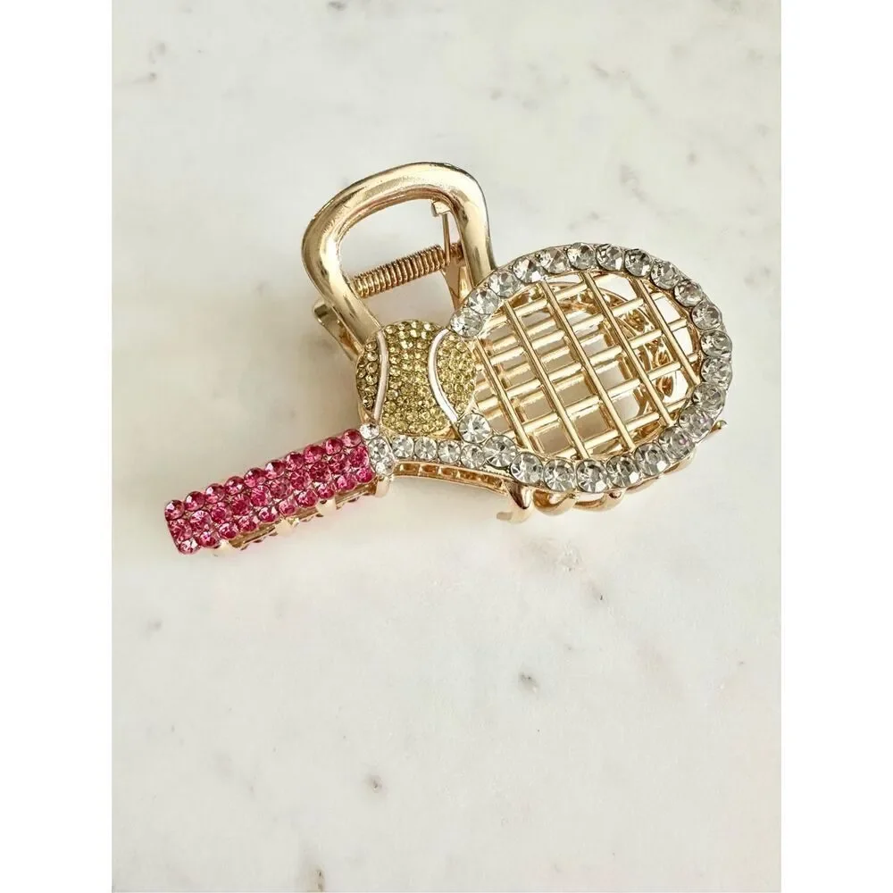 Rhinestone tennis racket and ball metal hair clip 